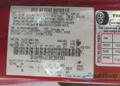 2011 Ford Fusion Se from USA, damaged, VIN 3FAHP0HA1BR289281